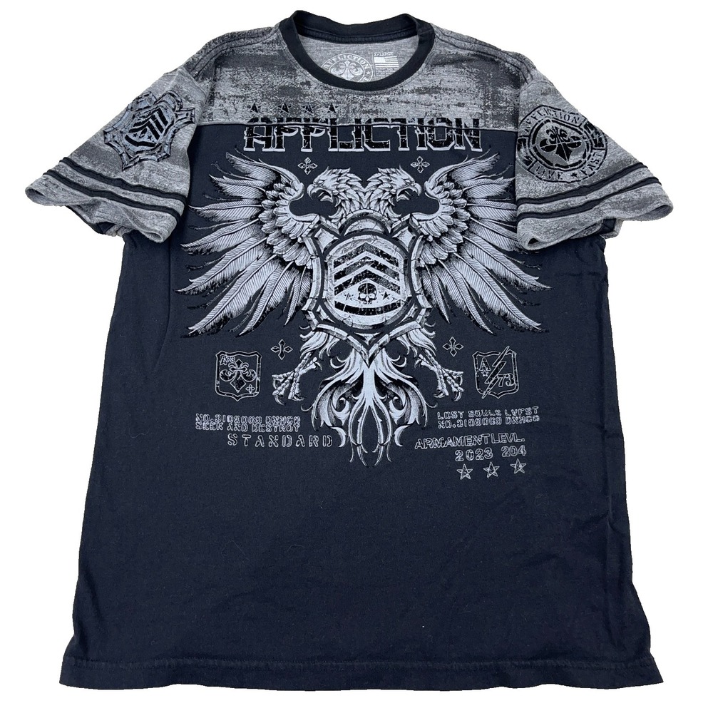 Affliction Shirt Men XL Black Gray Tee Live Fast MMA Eagle Shield Retro Faded